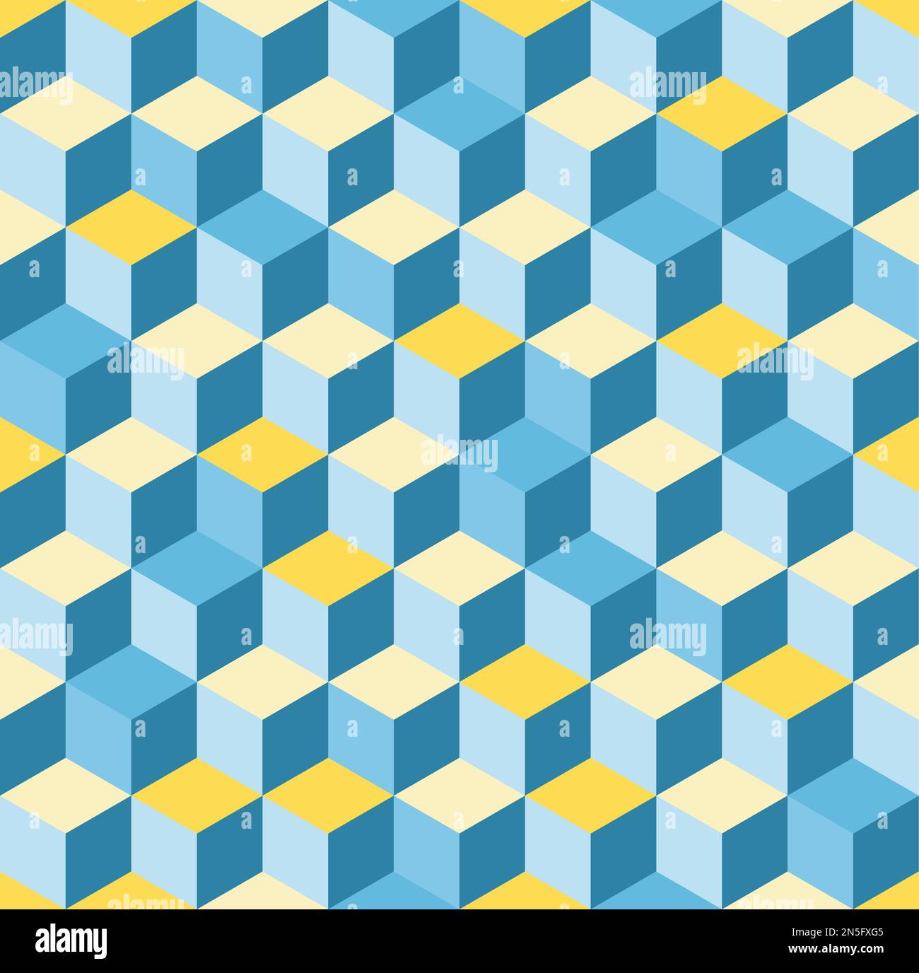 Abstract cube pattern. 3D optical illusion tumbling blocks hexagon tiles. Cuboid seamless tiles pattern. Yellow and blue vector background. Stock Vector