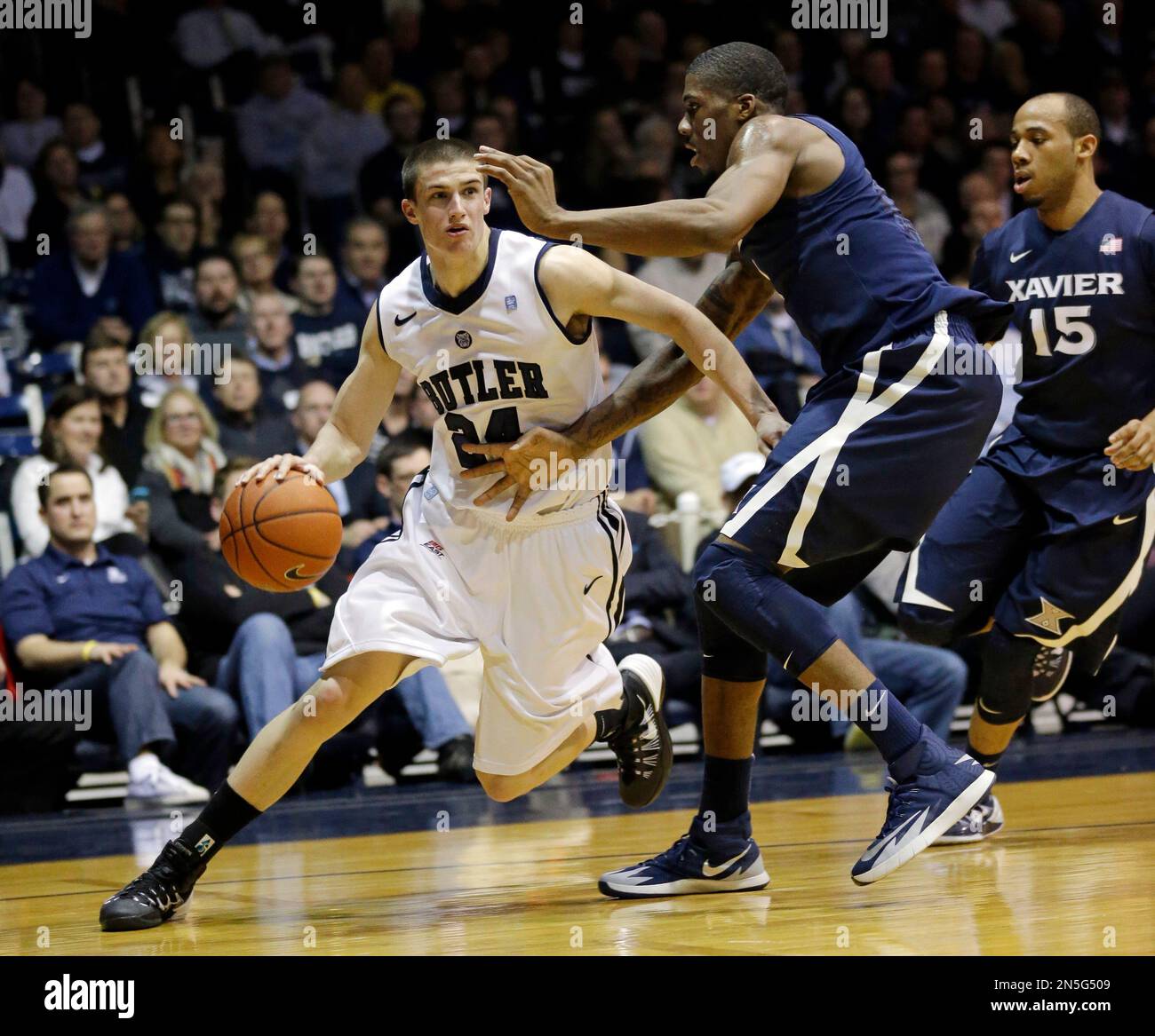 Butler guard Kellen Dunham, left, drives on Xavier forward Jalen
