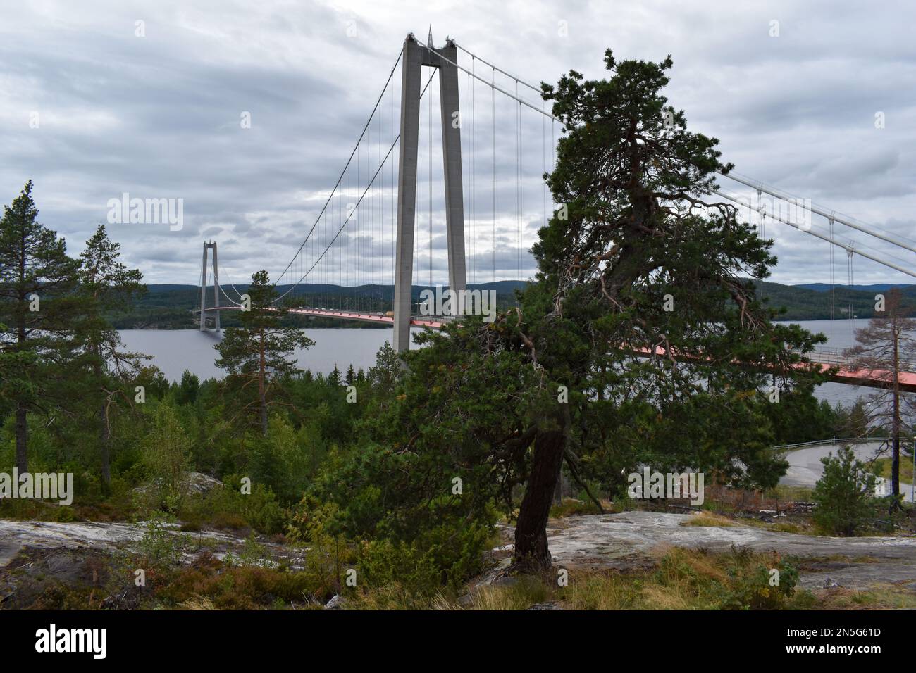 View of the suspension bridge, called the High Coast Brigde, over the ...