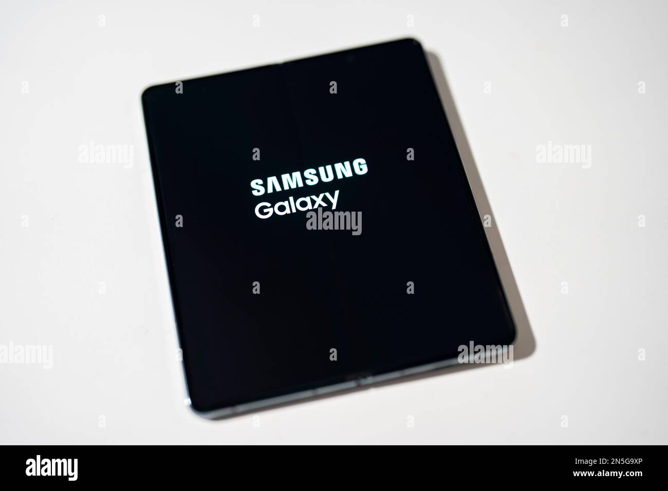 Brand new Samsung Galaxy Z Fold 4 in grey-green color. Close up of new