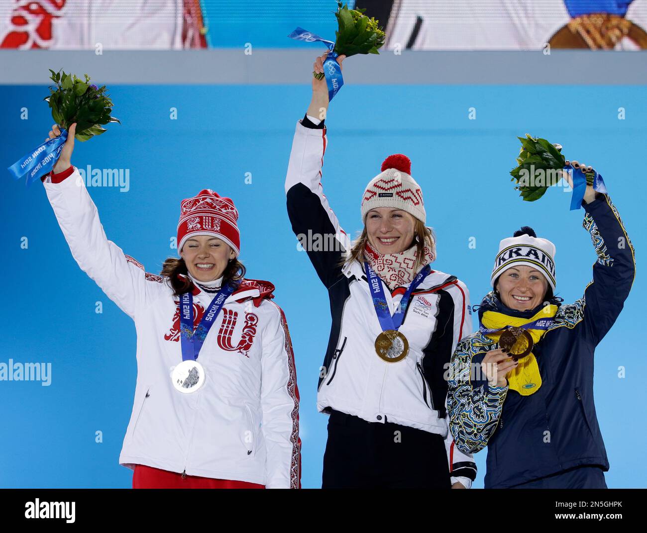 Women's 7.5k sprint medalists, from left, Russia's Olga Vilukhina