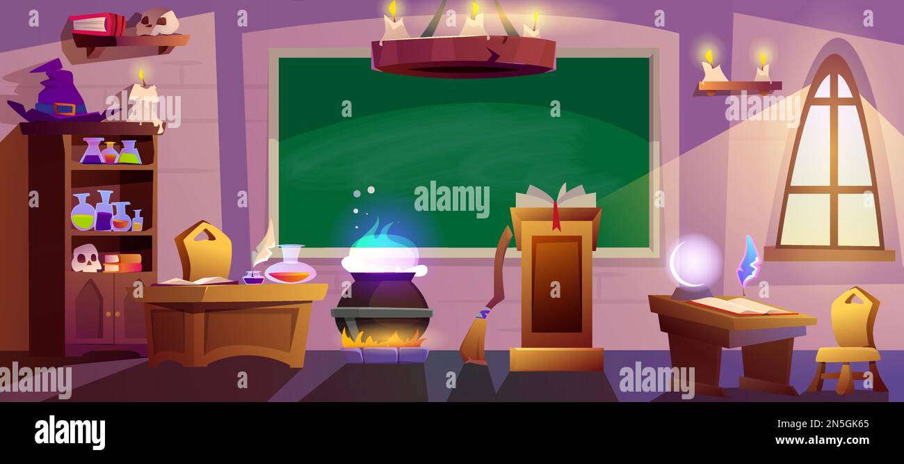 Cartoon magic school classroom with chalkboard, cauldron, witch hat and wooden desks for pupils. Empty wizard room with spell book, broom, window, glowing candles and green blackboard. Stock Vector