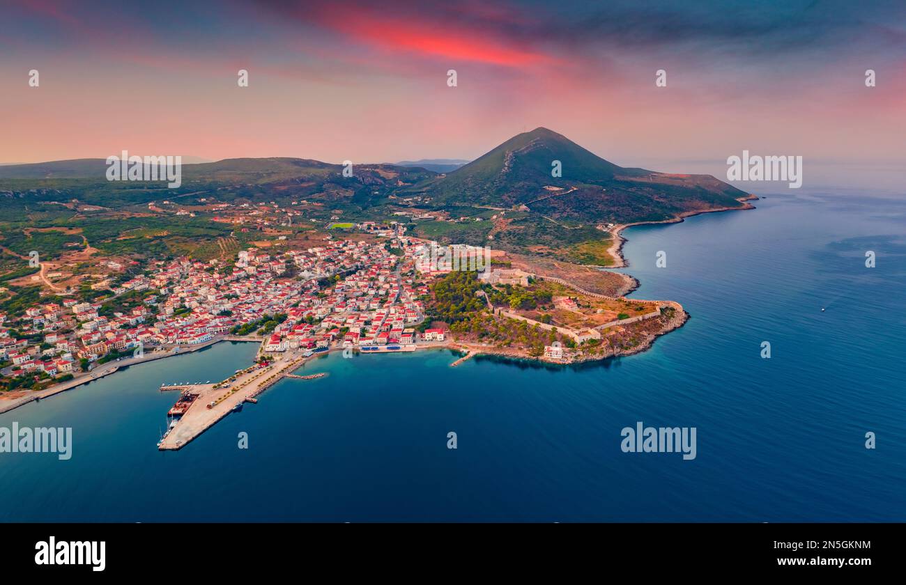 View from flying drone of Pylos Castle. Captivating summer cityscape of ...
