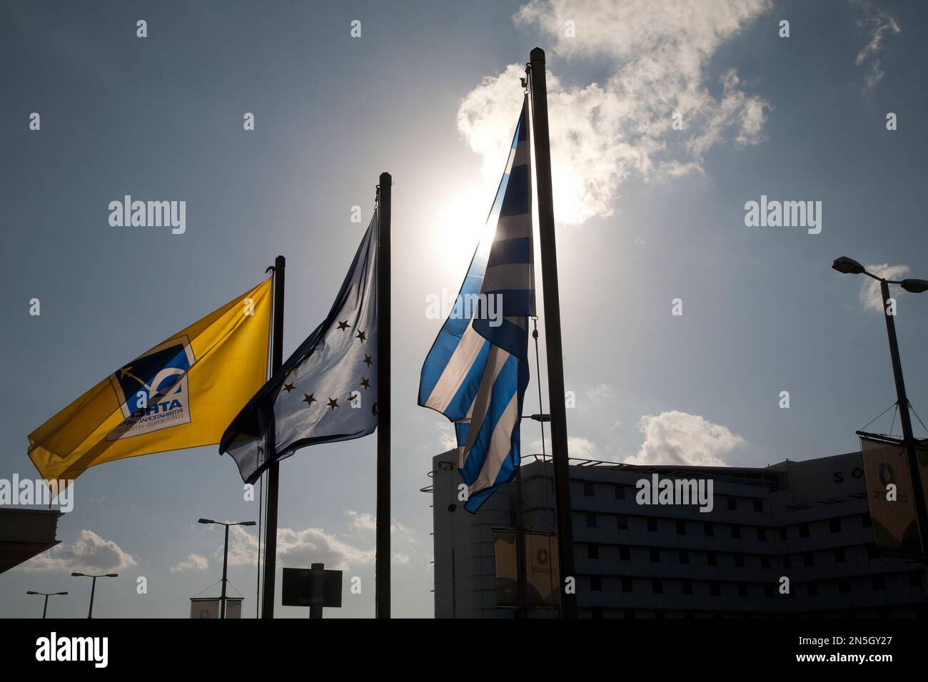 flags at athens international  airport sparta-artemida eleftherios venizelos athens greece Stock Photo