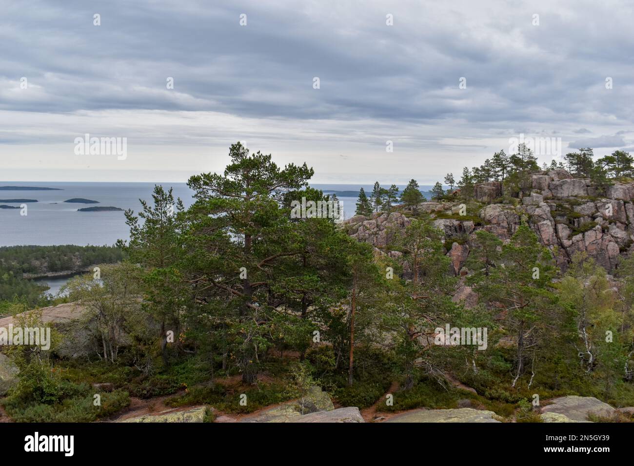 View to the South over the sea from a mountain in the High Coast area in Vasternorrland Sweden. UNESCO World Heritage Site. Stock Photo