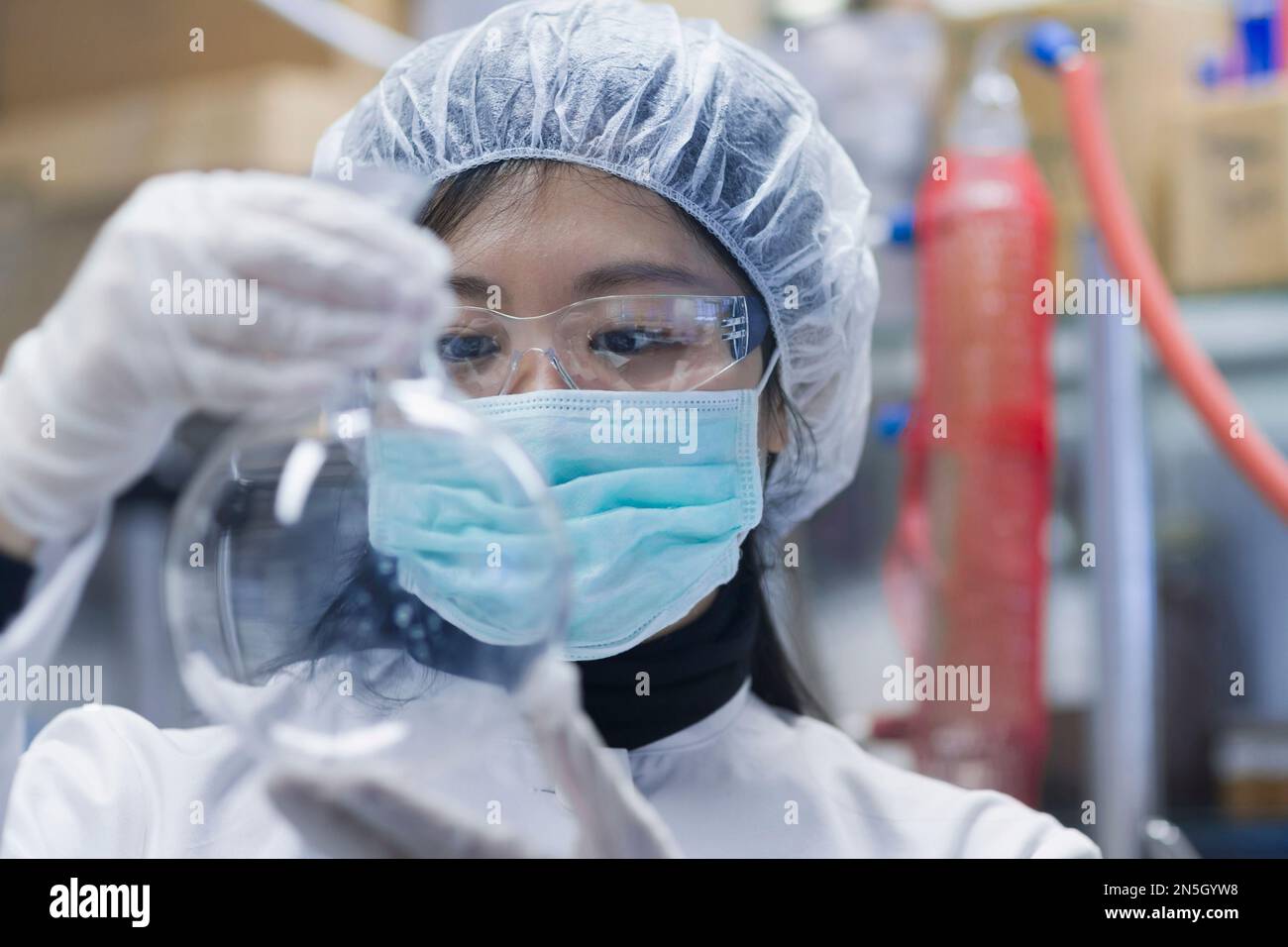 Young female scientist examining flask in a laboratory, Freiburg im Breisgau, Baden-Württemberg, Germany Stock Photo