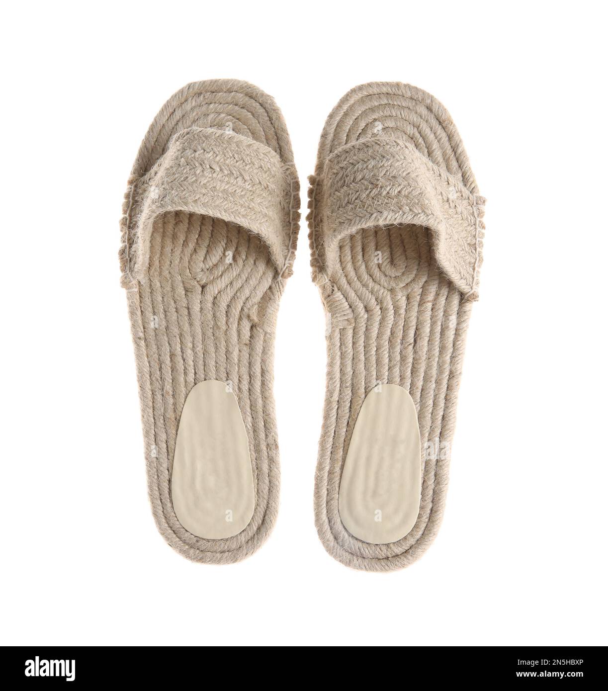 Slide shoes on white background, top view. Beach accessory Stock Photo