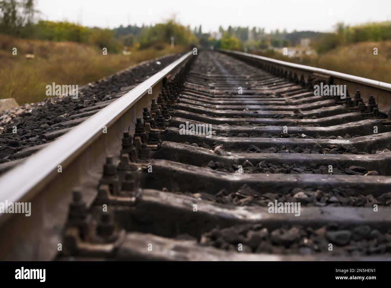 Railway line with track ballast in countryside. Train journey Stock Photo Alamy