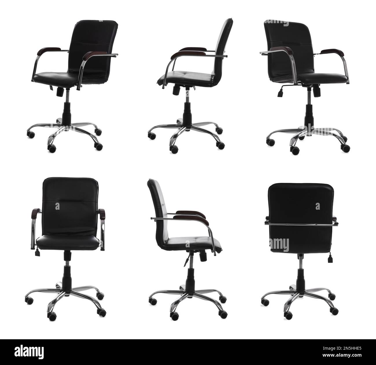 Set with black office chairs with leather seats on white background Stock Photo Alamy
