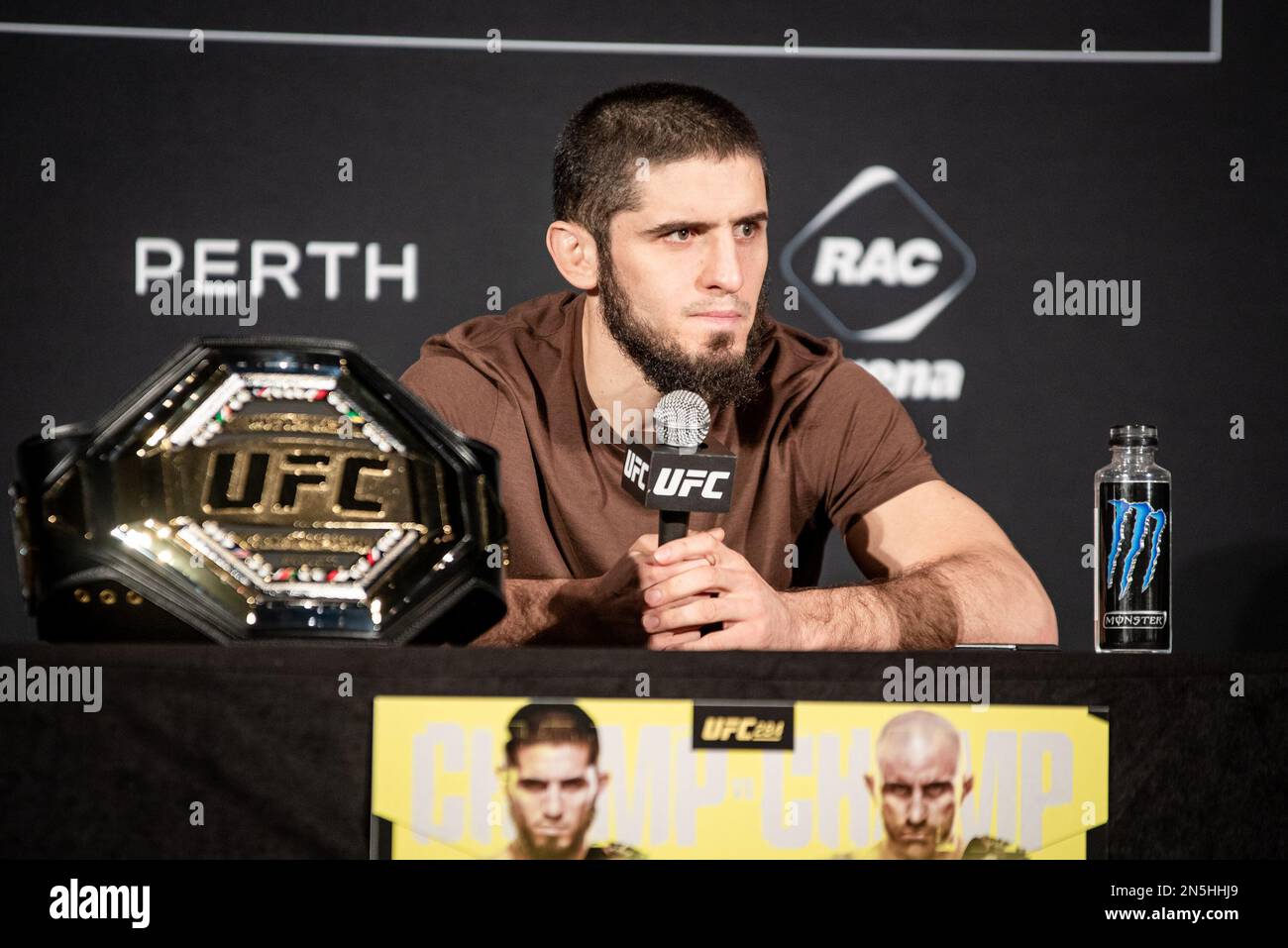 PERTH, AUSTRALIA - FEBRUARY 9: Lightweight Champion Islam Makhachev addresses the press ahead of his first Lightweight Title defense at UFC 284 Makhachev vs Volkanovski at Rac Arena on February 12th, 2023 in Perth, Western Australia, Australia. (Photo by Matt Davies/PxImages) Credit: Px Images/Alamy Live News Stock Photo