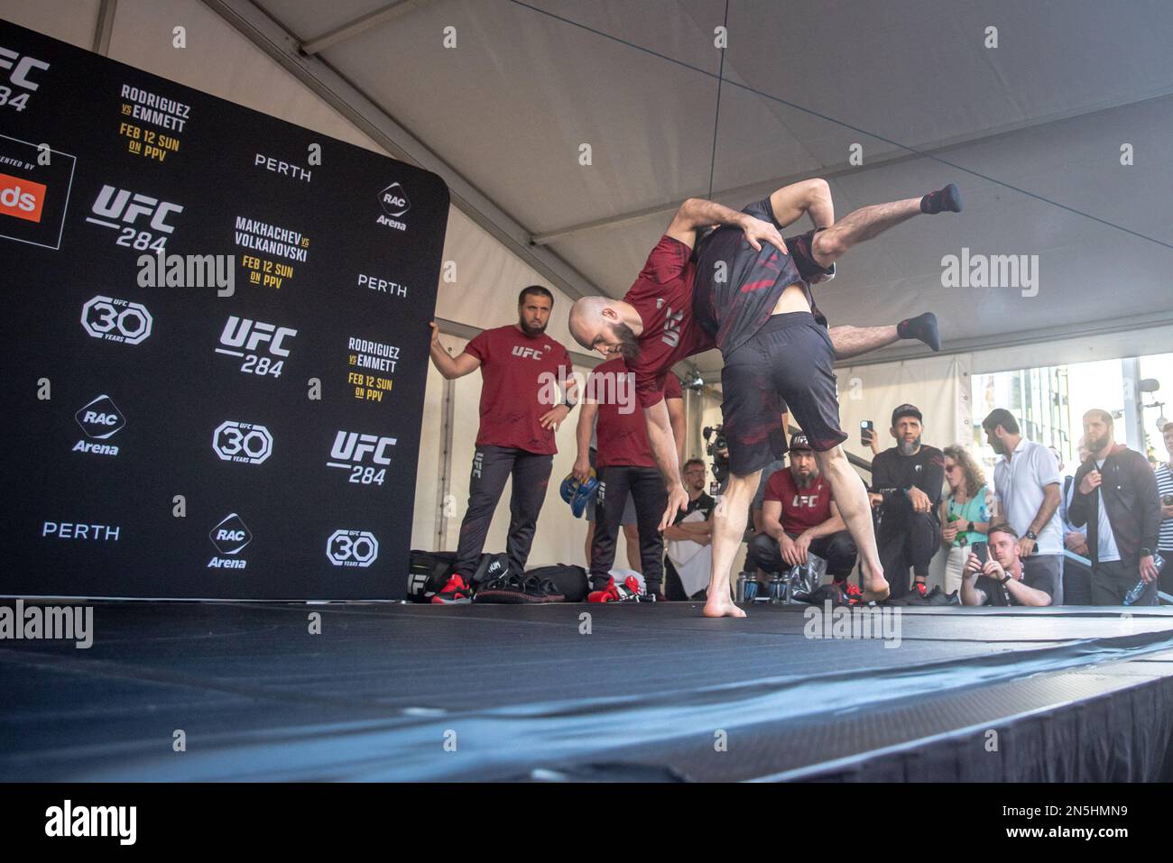 PERTH, AUSTRALIA - FEBRUARY 9: Lightweight Champion Islam Makhachev Entertains and interacts with the crowd at the UFC 284 Open Workouts ahead of his First Lightweight Title Defense at UFC 284 Makhachev vs Volkanovski at Rac Arena on February 12th, 2023 in Perth, Western Australia, Australia. (Photo by Matt Davies/PxImages) Credit: Px Images/Alamy Live News Stock Photo