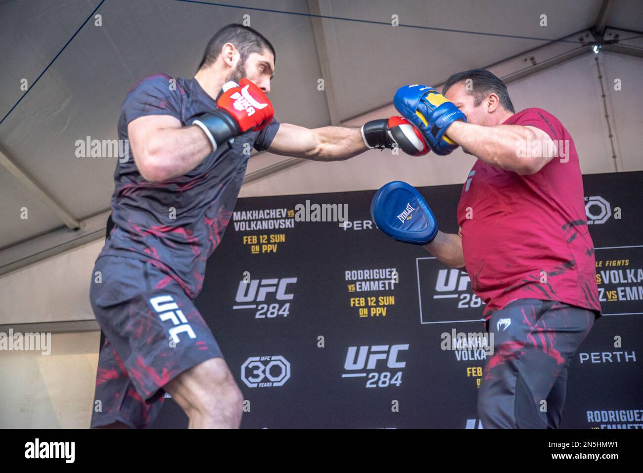 PERTH, AUSTRALIA - FEBRUARY 9: Lightweight Champion Islam Makhachev Entertains and interacts with the crowd at the UFC 284 Open Workouts ahead of his First Lightweight Title Defense at UFC 284 Makhachev vs Volkanovski at Rac Arena on February 12th, 2023 in Perth, Western Australia, Australia. (Photo by Matt Davies/PxImages) Credit: Px Images/Alamy Live News Stock Photo