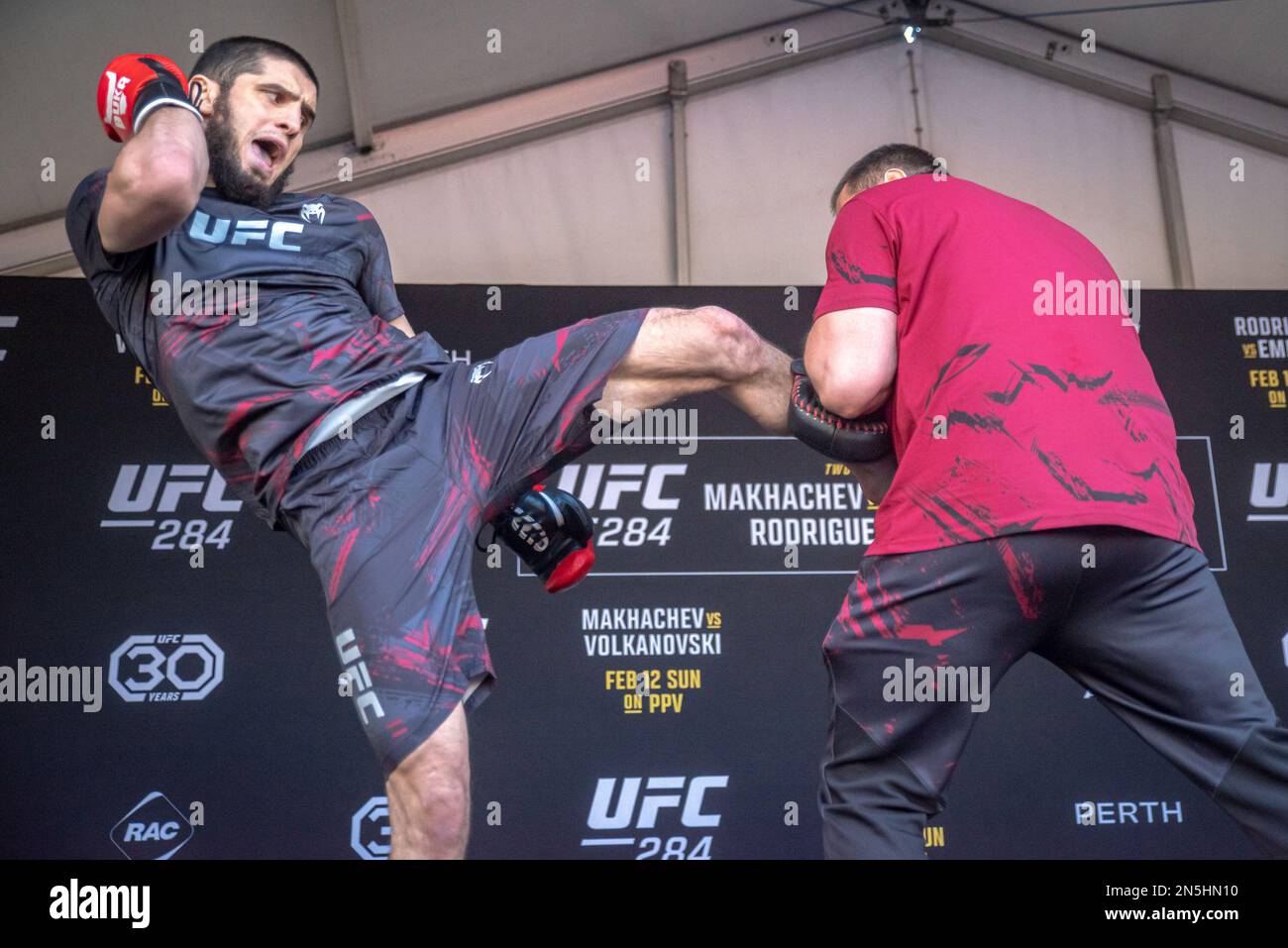 PERTH, AUSTRALIA - FEBRUARY 9: Lightweight Champion Islam Makhachev Entertains and interacts with the crowd at the UFC 284 Open Workouts ahead of his First Lightweight Title Defense at UFC 284 Makhachev vs Volkanovski at Rac Arena on February 12th, 2023 in Perth, Western Australia, Australia. (Photo by Matt Davies/PxImages) Credit: Px Images/Alamy Live News Stock Photo