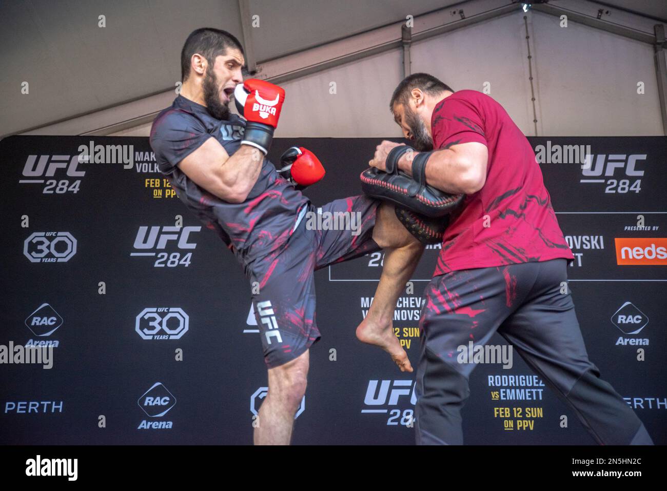 PERTH, AUSTRALIA - FEBRUARY 9: Lightweight Champion Islam Makhachev Entertains and interacts with the crowd at the UFC 284 Open Workouts ahead of his First Lightweight Title Defense at UFC 284 Makhachev vs Volkanovski at Rac Arena on February 12th, 2023 in Perth, Western Australia, Australia. (Photo by Matt Davies/PxImages) Credit: Px Images/Alamy Live News Stock Photo