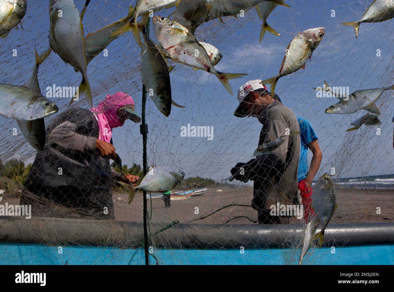 Fishermen clean their fishing net in the hometown of sea survivor Jose  Salvador Alvarenga, Garita Palmera, El Salvador, Tuesday, Feb. 4, 2014.  Alvarenga's survival after more than 13 months in an open