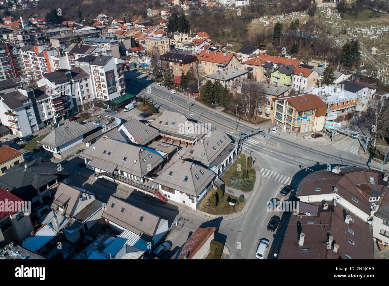 Aerial photo taken on February 9 , 2023. shows view of Travnik city, in