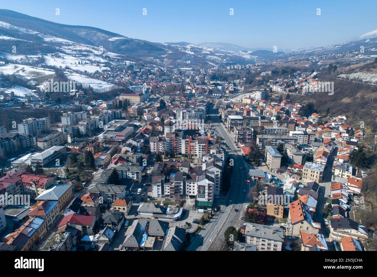 Aerial photo taken on February 9 , 2023. shows view of Travnik city, in ...