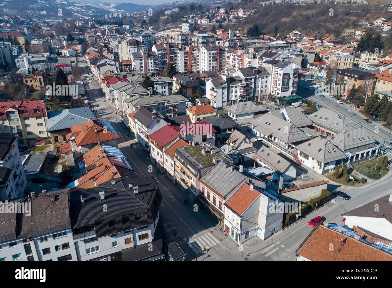 Aerial photo taken on February 9 , 2023. shows view of Travnik city, in