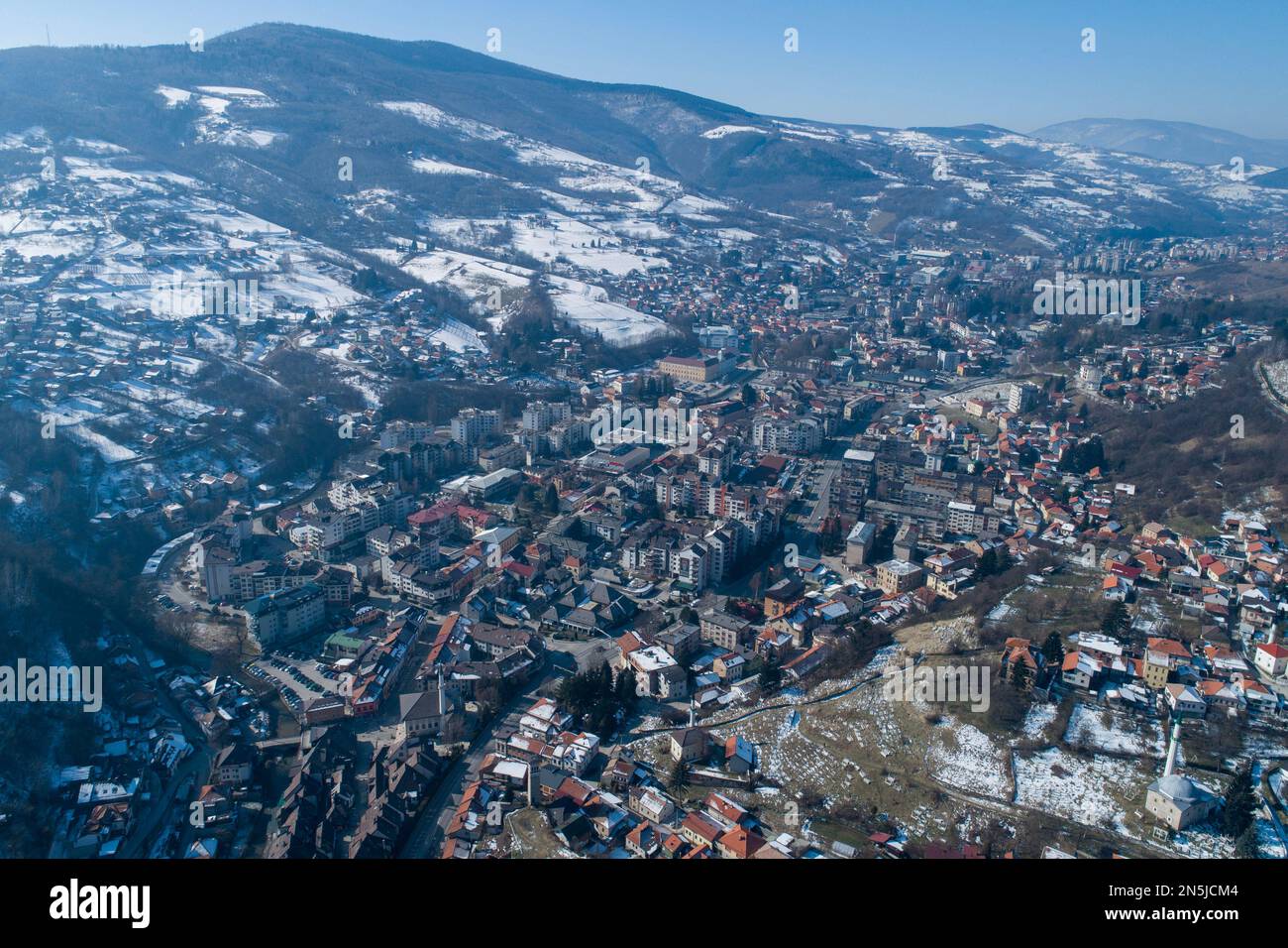 Aerial photo taken on February 9 , 2023. shows view of Travnik city, in