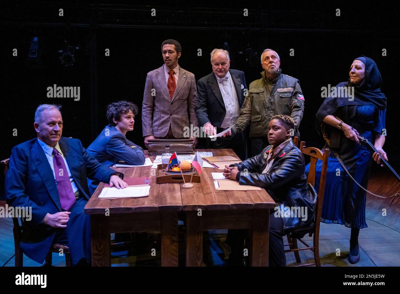 London, UK.  9 February 2023. (L to R) Michael Maloney as Anton Korsakov, Arthur Conti as Young Leitski, Greg Lockett as Tyler, Clive Anderson as (Old) Hugo Leitski,  Barrie Rutter as General Volvisch Gromski, Winnie Arhin as Rozhina Flintok and Nichola McAuliffe as Vaslika Krenskaya at a photocall of ‘Winner’s Curse’ at Park Theatre in Finsbury Park.  Directed by Jez Bond, AD for Park Theatre, and written by former ambassador and Middle East peace negotiator Daniel Taub with Dan Patterson, performances run 8 February to 11 March 2023.  Credit: Stephen Chung / Alamy Live News Stock Photo