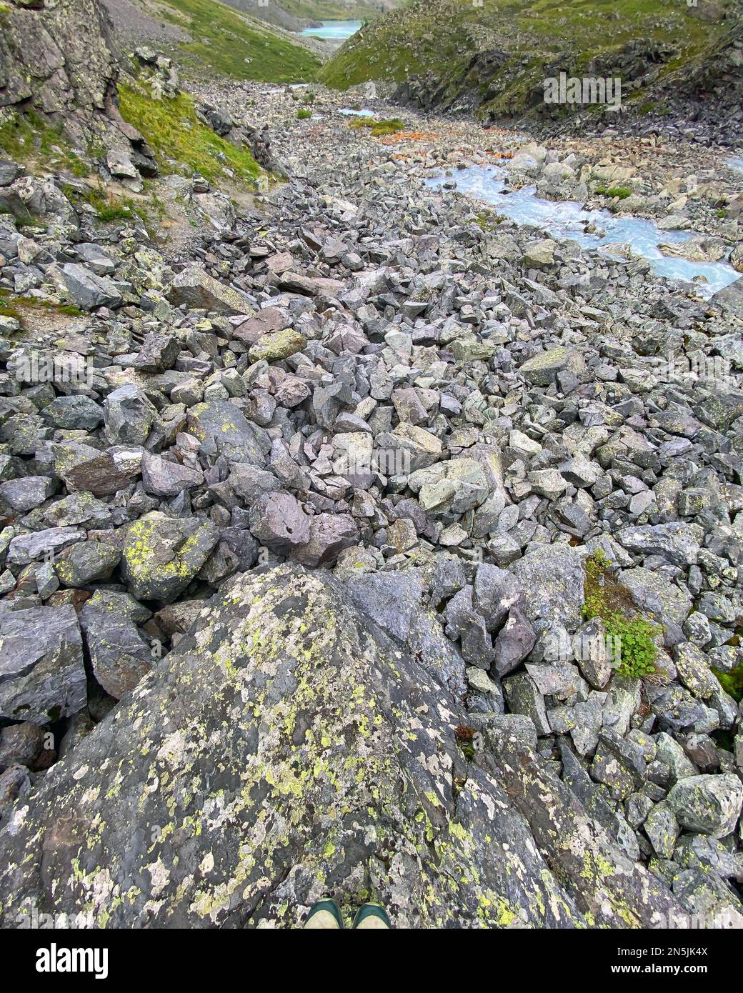 Clear water of a fast-flowing alpine stream among the stones of rocks with green moss in the Altai Mountains in Siberia. Stock Photo