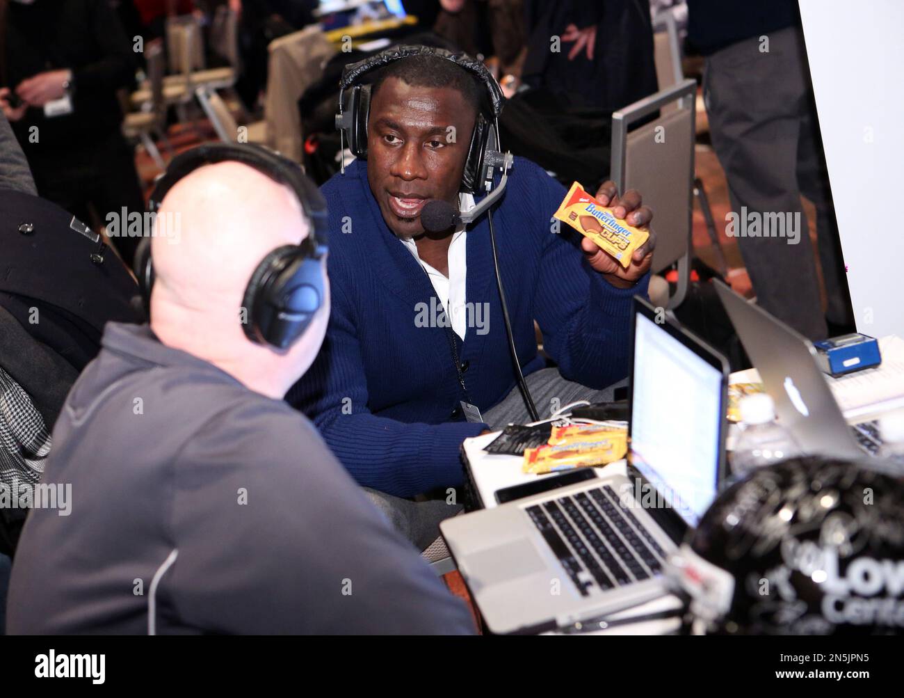 Football legend Shannon Sharpe, right, visits Radio Row in New York on