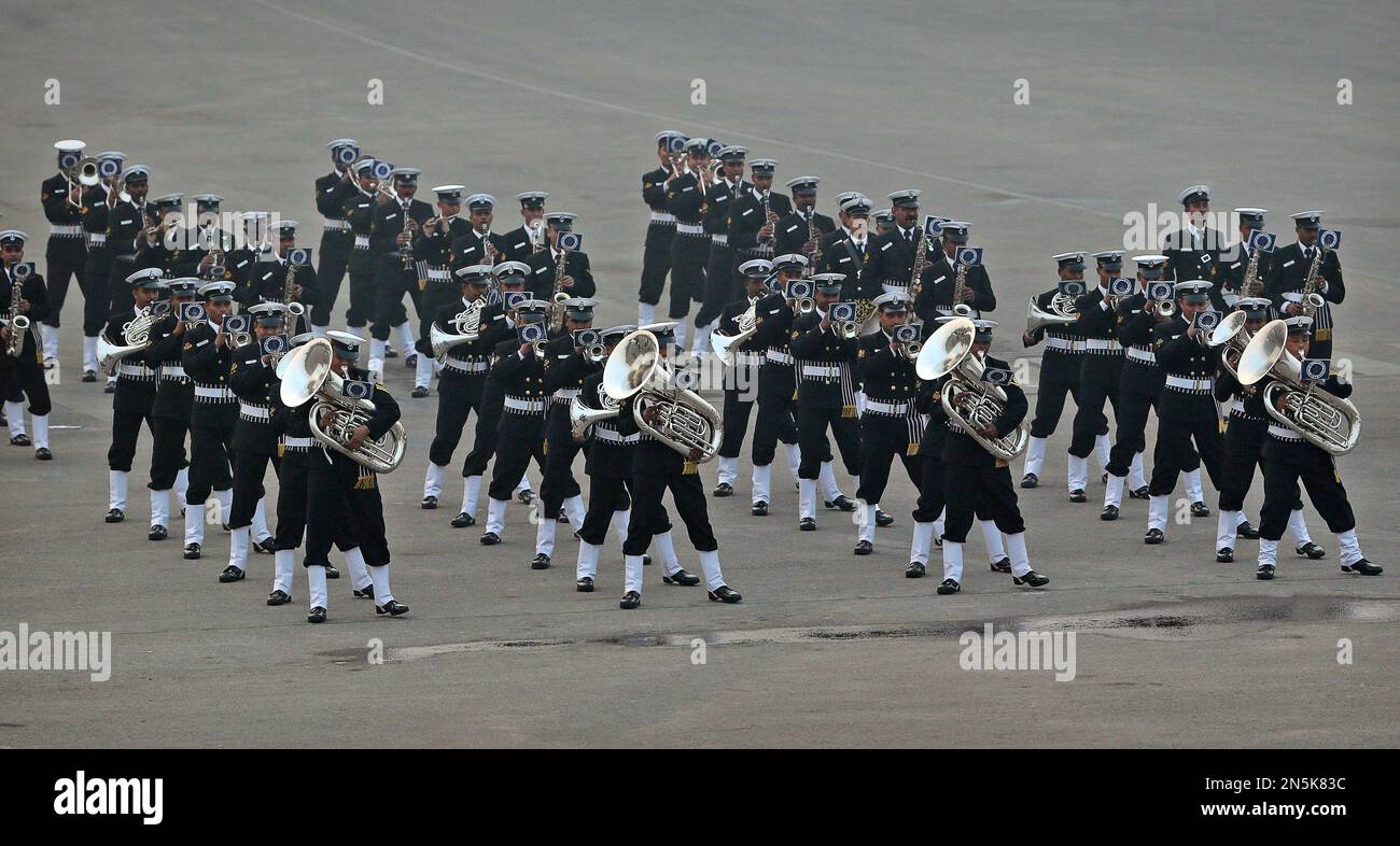 Indian Navy sailors play wind instruments at the Beating Retreat ...