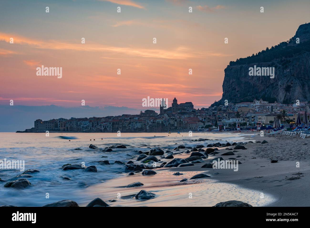 The seashore in Cefalu town, an attractive destination in Sicily, Italy, Europe Stock Photo