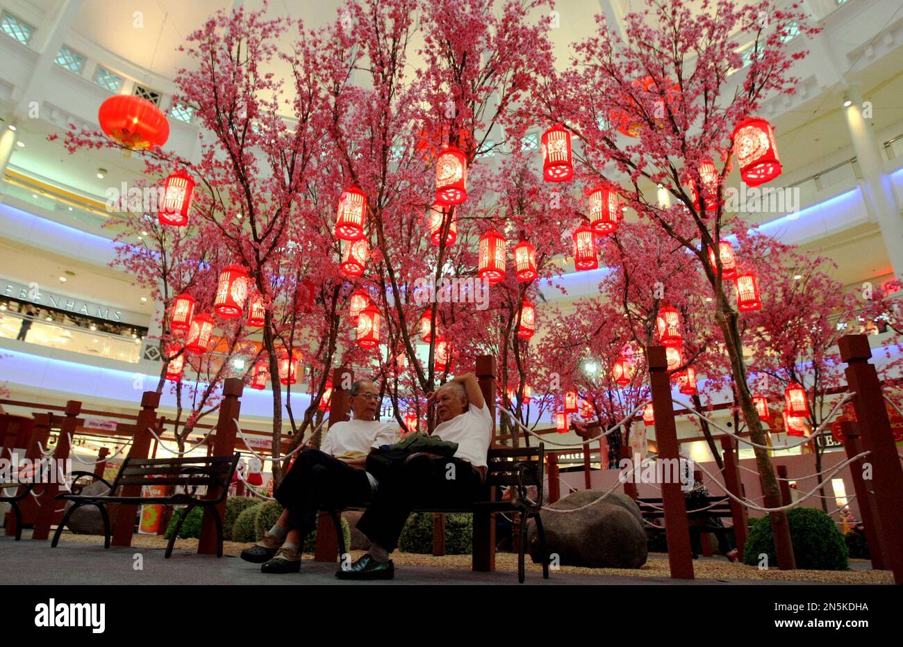 Two shopper resting behind the Chinese plum blossoms trees decoration