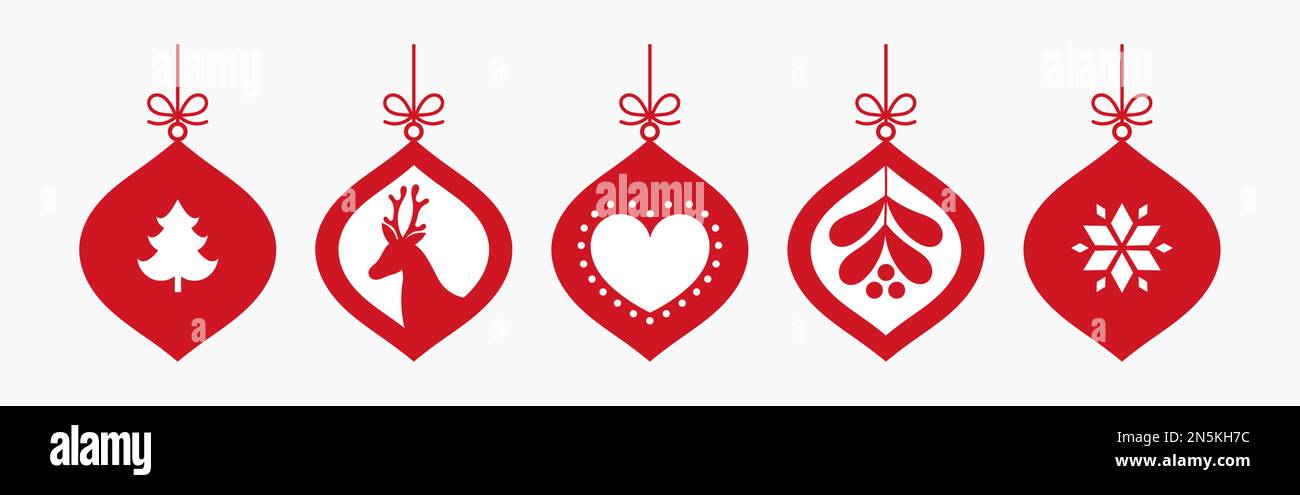 Christmas balls hanging ornaments collection. Red Christmas baubles ...