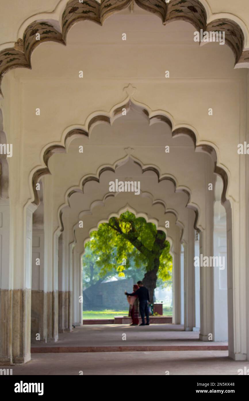 A vertical shot of the Mumtaz Mahal of the Red Fort in Delhi, India. Stock Photo