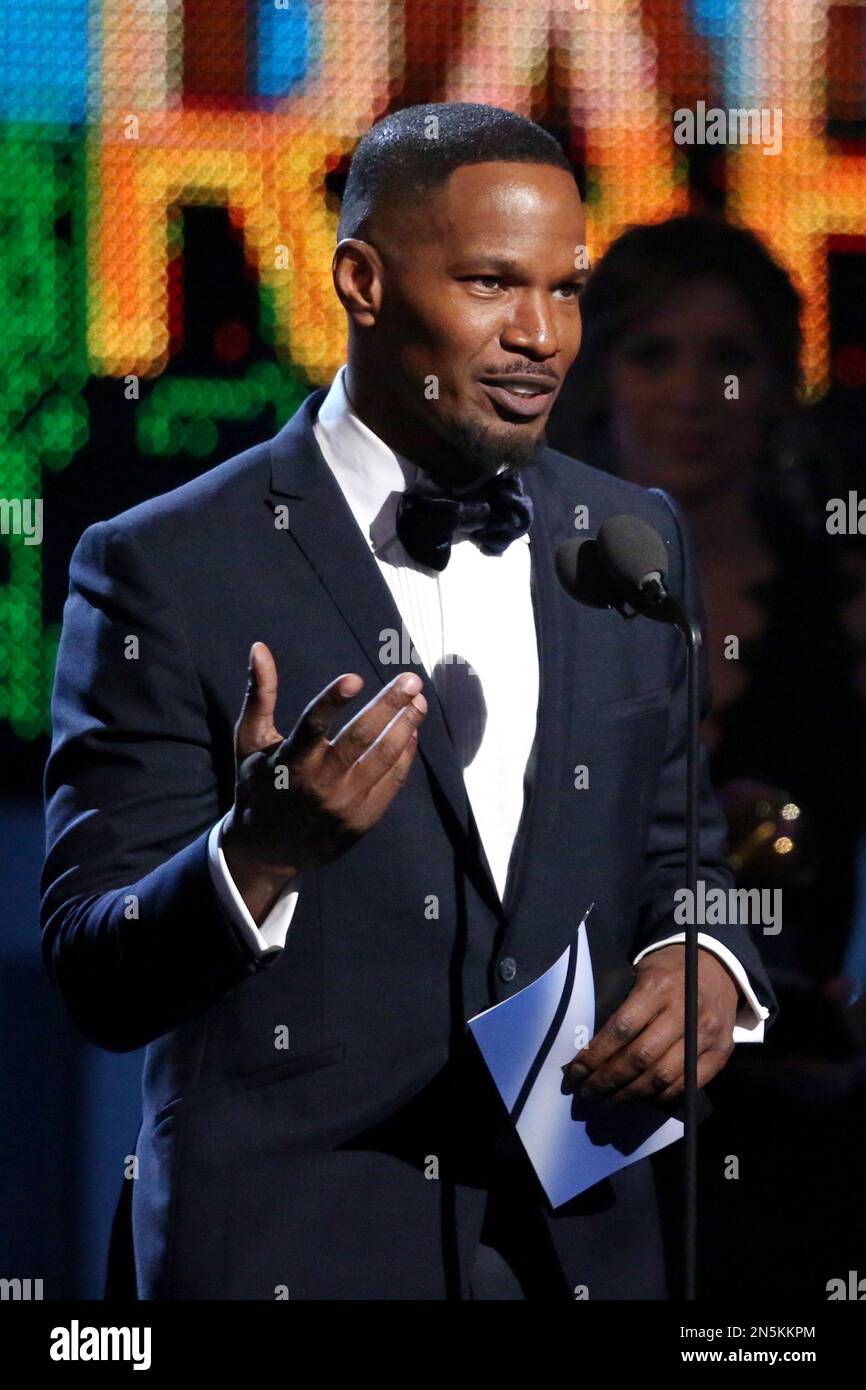 Jamie Foxx speaks on stage at the 56th annual GRAMMY Awards at Staples