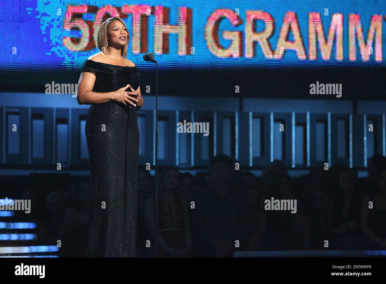 Queen Latifah speaks on stage at the 56th annual GRAMMY Awards at Staples Center on Sunday, Jan. 26, 2014, in Los Angeles. (Photo by Matt Sayles/Invision/AP) Stock Photo