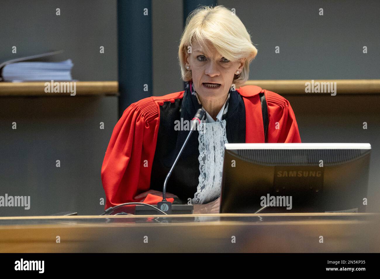 Chairwoman of the court Martine Baes the jury constitution session at the assizes trial of Sebastien Gotiaux, before the Assizes Court of Hainaut Province in Mons on Thursday 09 February 2023. Gotiaux is accused of the murder of Maxime Roget in the night of 3 and 4 May 2020, in Momignies. He is also accused of having tried to kill, the same night, four police officers, with a firearm. BELGA PHOTO HATIM KAGHAT Stock Photo