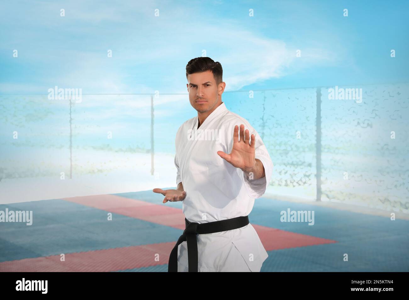 Professional coach showing karate moves at gym Stock Photo