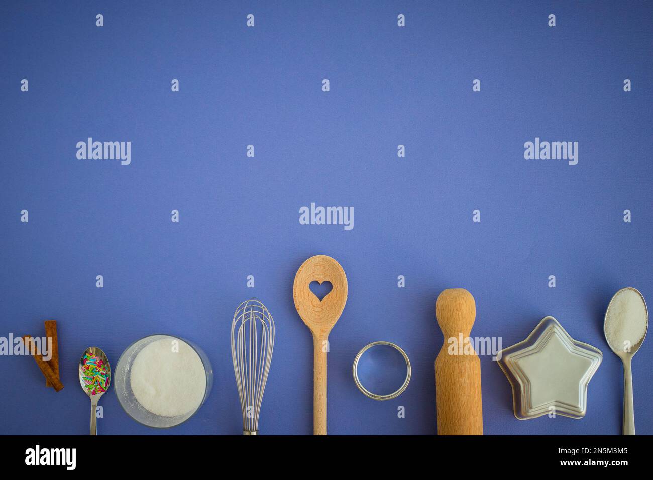 Baking tools and ingredients header, background with copy space. Light