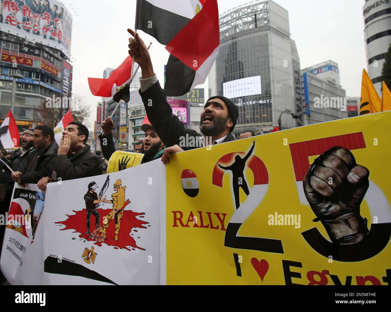 A group of Egyptians residing in Japan and supporters hold banners