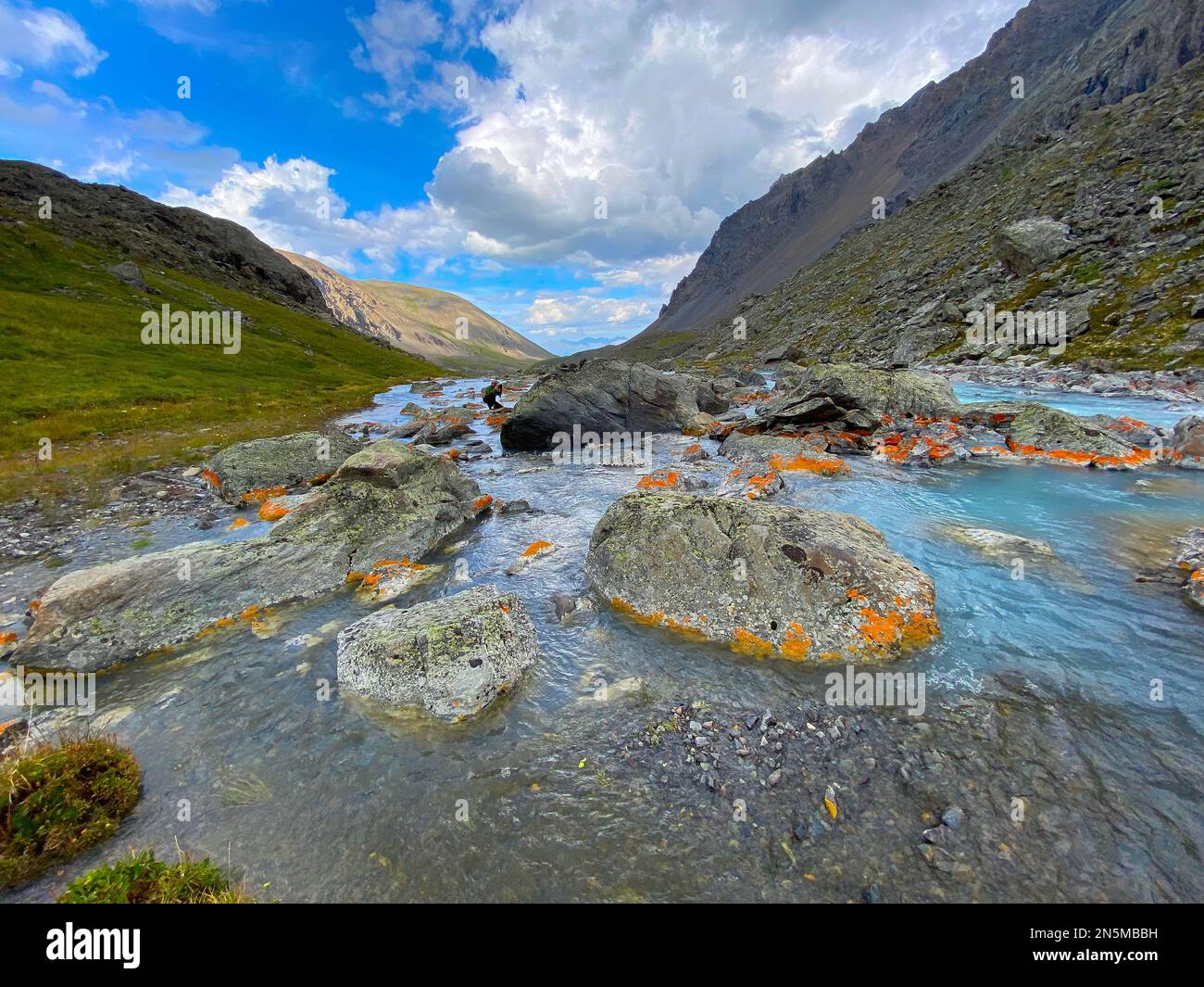 Alpine stream flows among the orange stones in the Altai in Siberia. Stock Photo