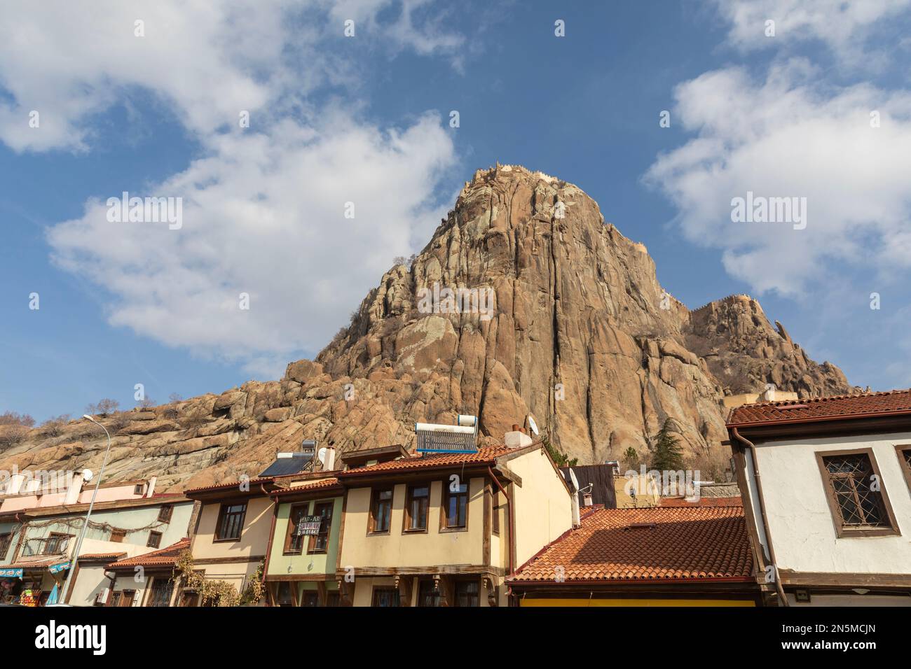Afyonkarahisar, Turkey, December 16, 2022: Afyonkarahisar cityscape, Afyon castle on the rock, Stock Photo