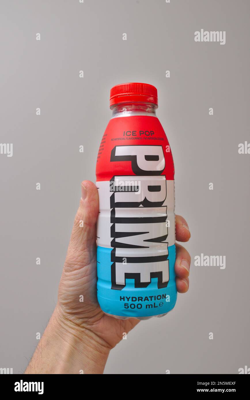 PRIME hydration drink, the brand is promoted, and partially owned by KSI and Logan Paul who have created a viral demand for the product. Stock Photo