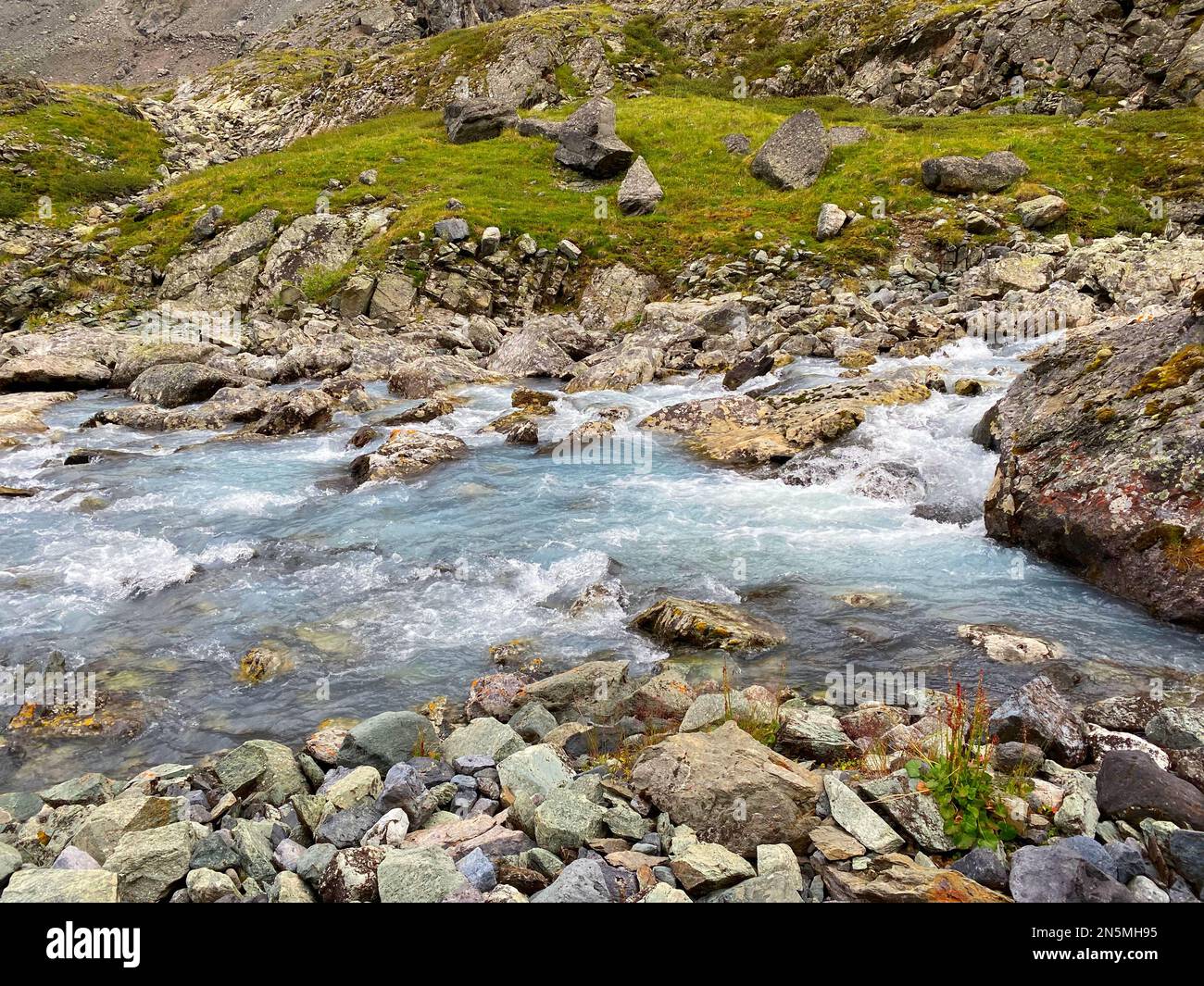 The water of a fast-flowing alpine stream among the stones of the rocks with green moss in the Altai mountains in Siberia. Stock Photo