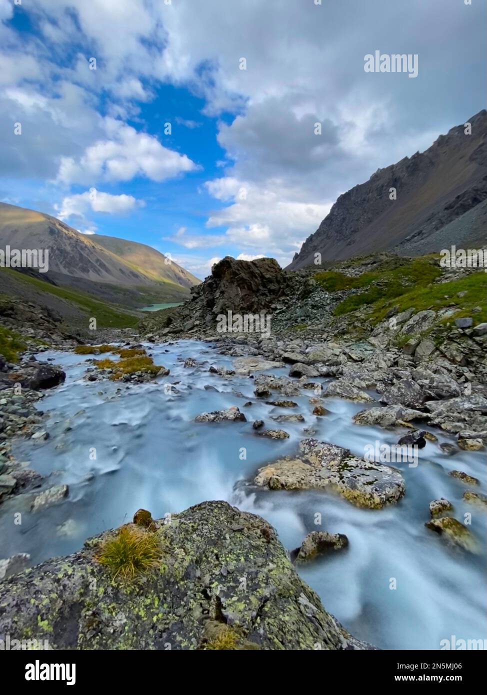 Alpine stream flows among stones with colored moss and grass from the mountains in Altai in Siberia during the day. Stock Photo