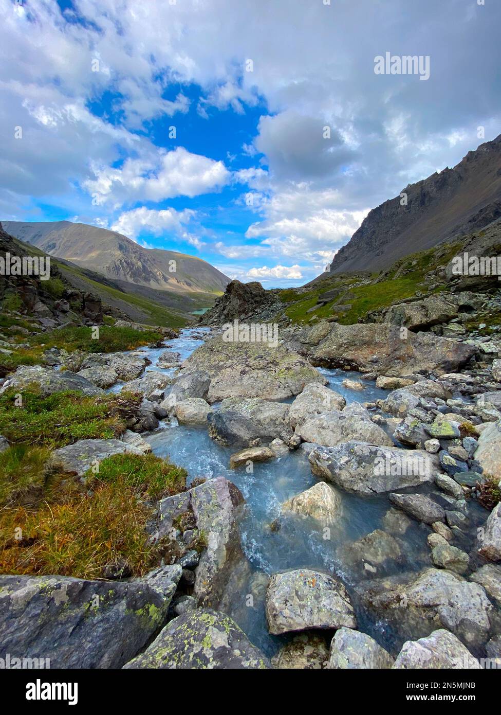 An alpine stream flows among stones with colored moss and grass from the mountains in Altai in Siberia during the day under the clouds. Stock Photo