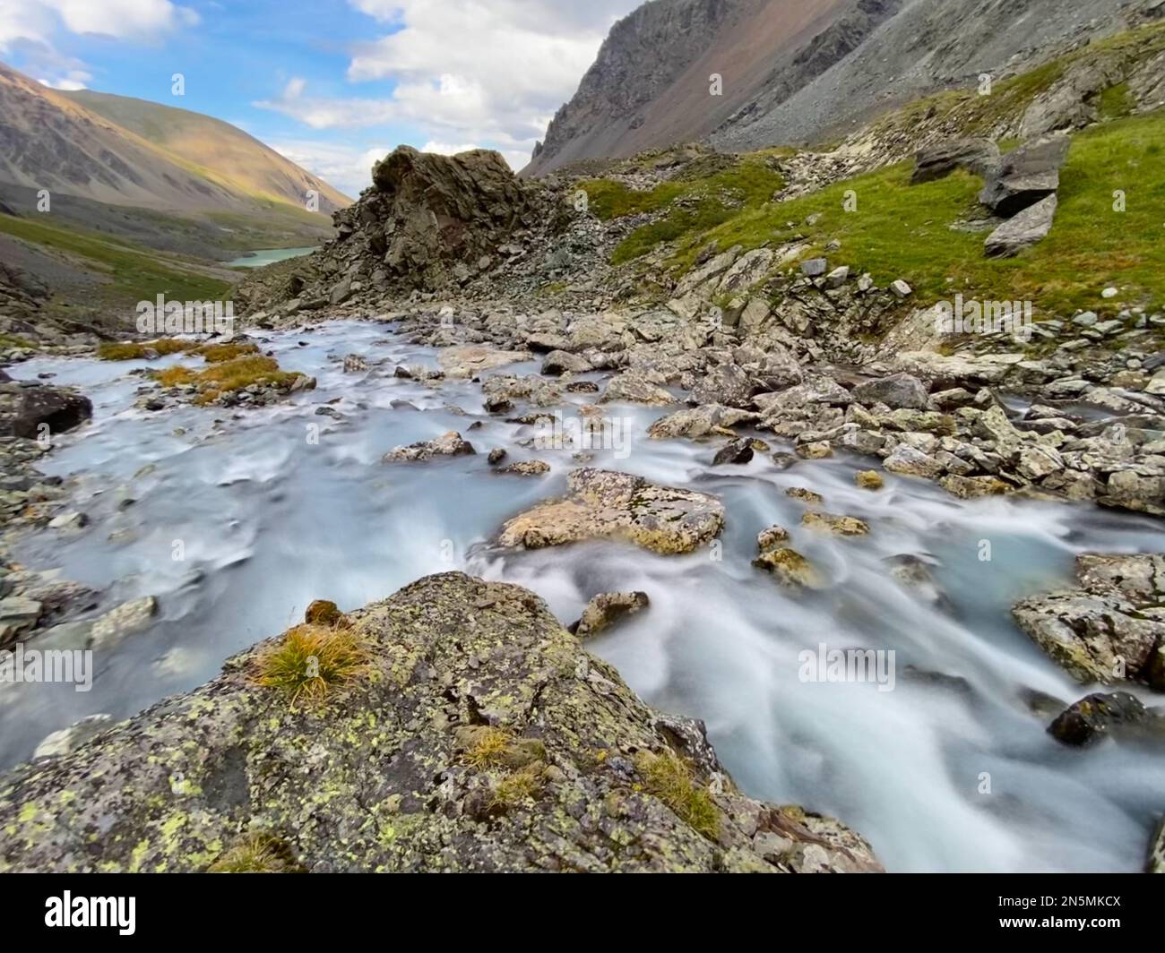 Alpine stream Karakabak flows among stones with colored moss and grass from the mountains in Altai in Siberia during the day under the clouds. Stock Photo