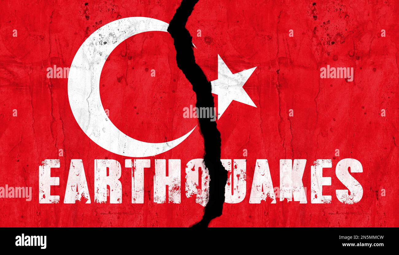 Earthquakes in Turkey, Flag Turkey on wall with cracks with text Earthquakes Stock Photo