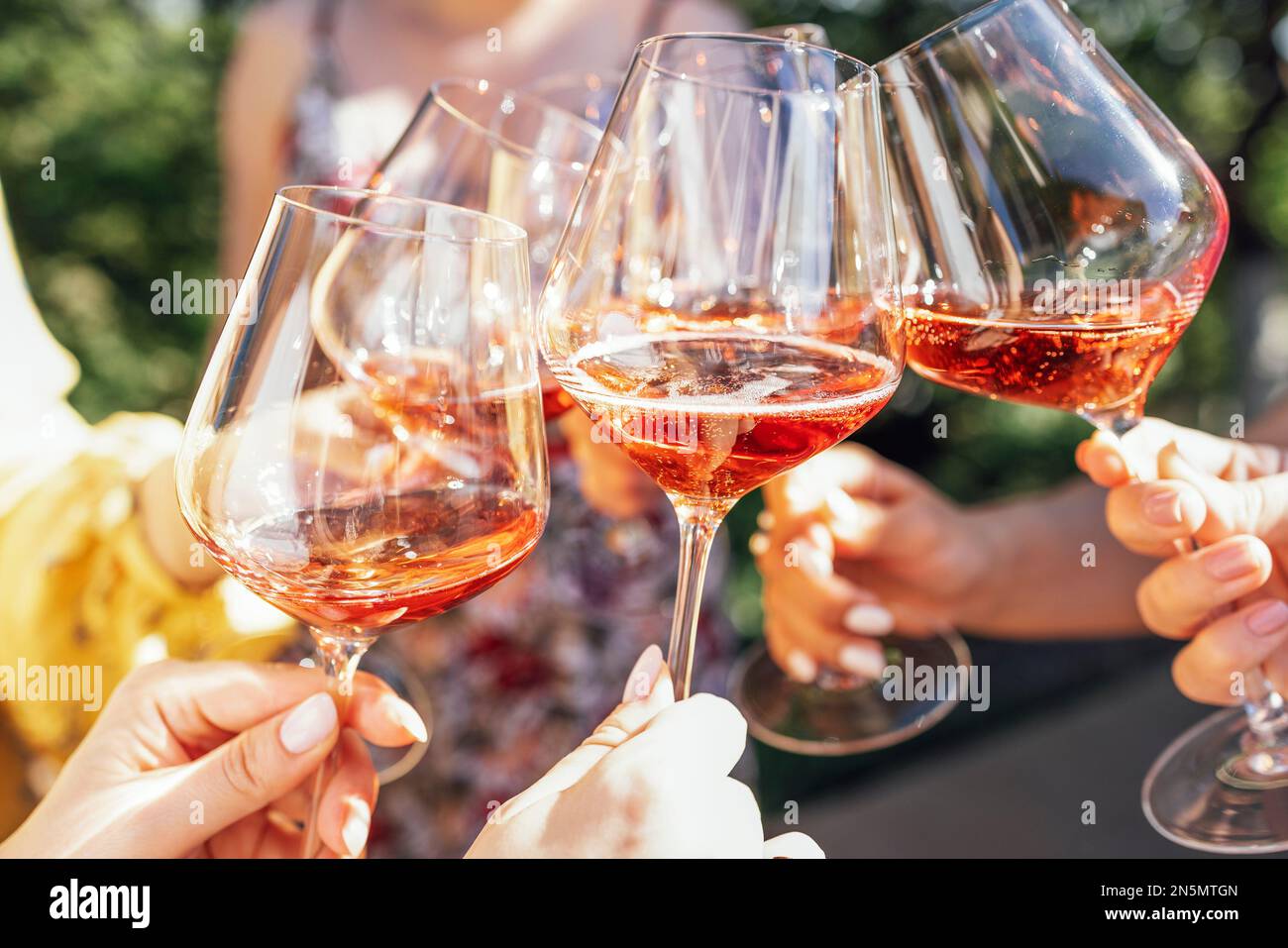 Making a celebratory toast with sparkling wine. Female hands holding ...
