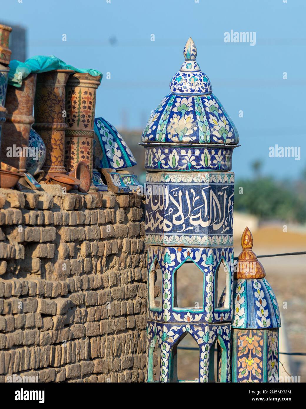 Colorful clay handicrafts of Hala Sindh, also known as jundi or sassi. Hala is famous for his colourful handicrafts. Clay pots Stock Photo