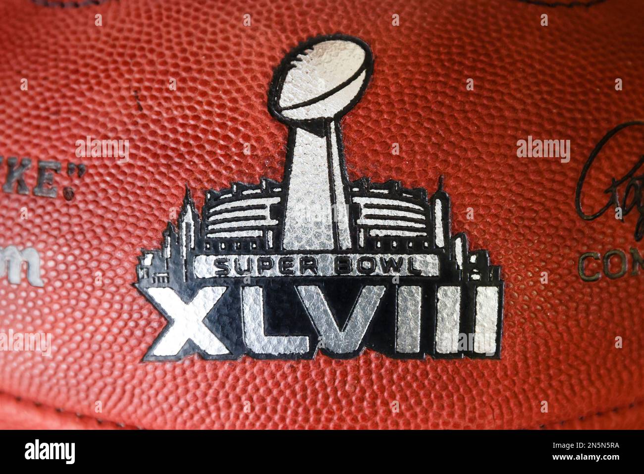 An official ball for the NFL Super Bowl LIII football game with the Los  Angeles Rams logo that was made at the Wilson Sporting Goods Co. in Ada,  Ohio, Monday, Jan. 21