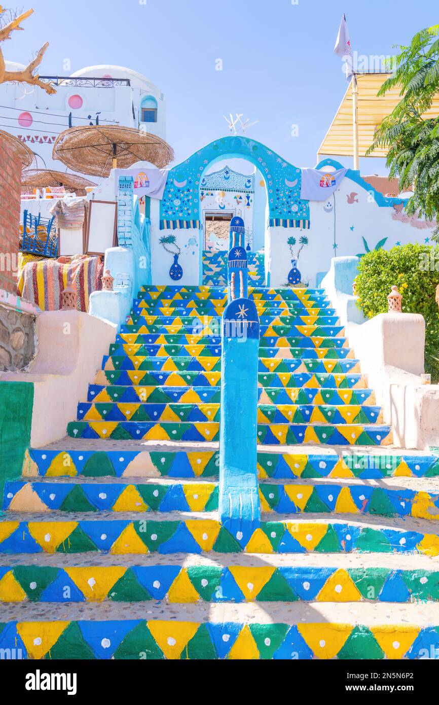 Aswan, Egypt; February 12, 2023 Colourful Nubian houses in Aswan