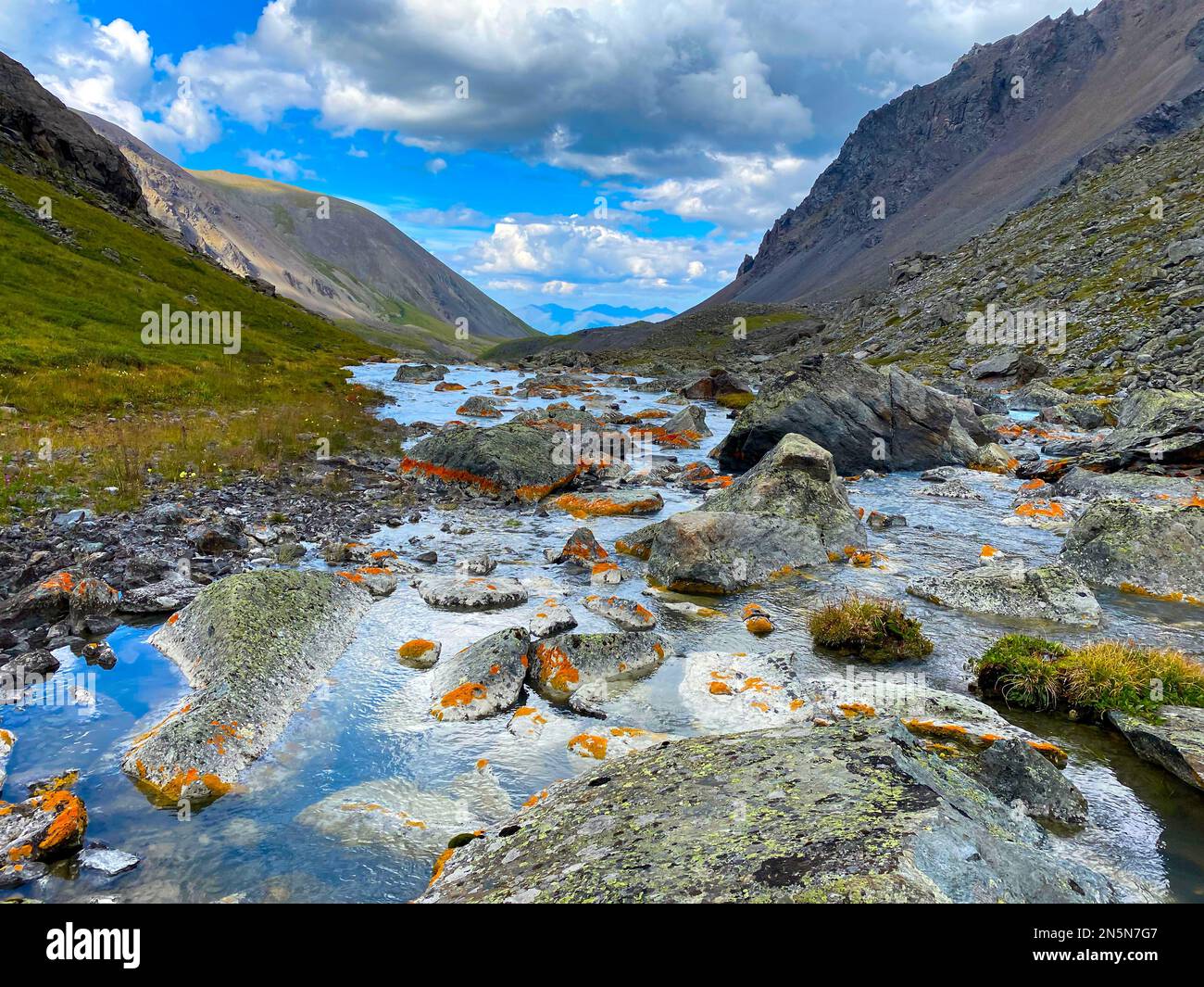 Alpine turquoise stream flows among orange stones from the mountains in Altai in Siberia during the day. Stock Photo